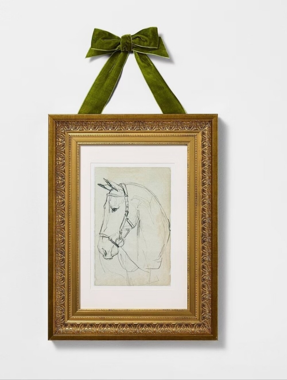 Threshold Horse Sketch - Green Velvet Bow Hanger with Ornate Gold Frame